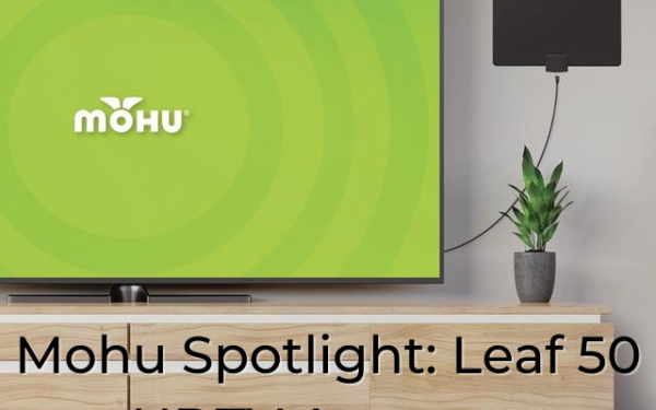 Living room with Mohu logo on the TV, Mohu leaf 50 antenna on the wall, Mohu Spotlight: Leaf 50 HDTV Antenna