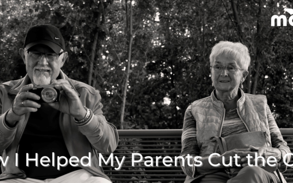 Black and white photo of an old man and woman sitting on a park bench, How I Helped My Parents Cut the Cord, Mohu logo