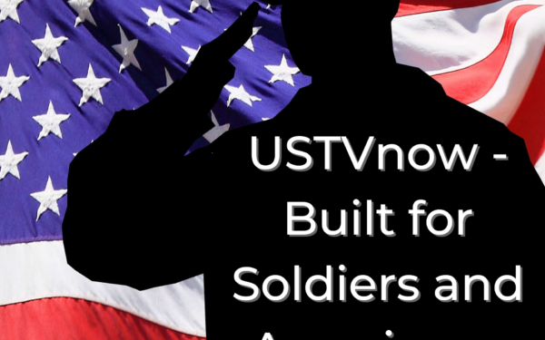 Soldier standing in front of American Flag, Mohu logo, USTVnow - Built for Soldiers and Americans Abroad