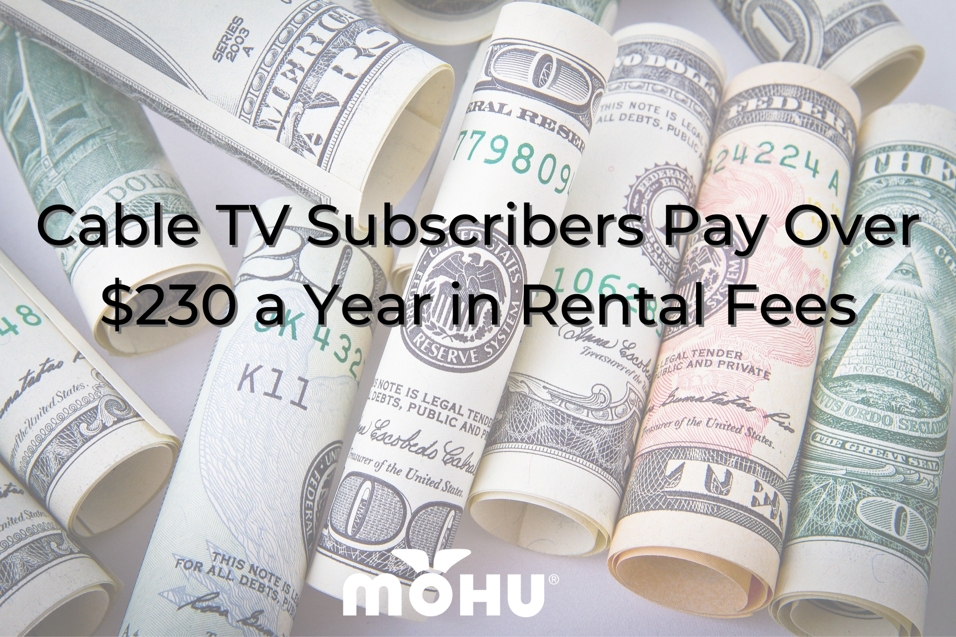 Rolled up cash on a table, Cable TV Subscribers Pay Over $230 a Year in Rental Fees, mohu logo