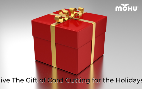 Image of a gift box on a table, Give The Gift of Cord Cutting for the Holidays, Mohu logo