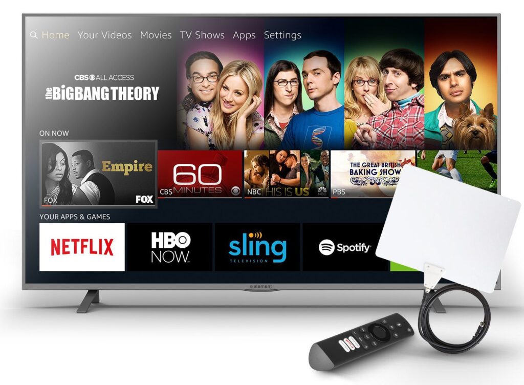 TV screen with CBS All Access in the background, a Mohu antenna and a screen of other streaming apps