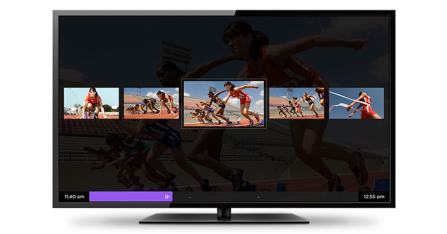 Television screen with image of a race that is paused