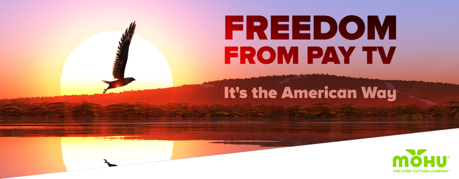 Freedom From Pay TV It's the American Way, Eagle flying over water with Mohu logo