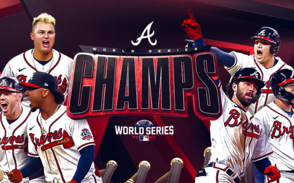 Atlanta Braves 2021 World Series Champions, MLB image showing the winning team celebrating, image courtesy of MLB